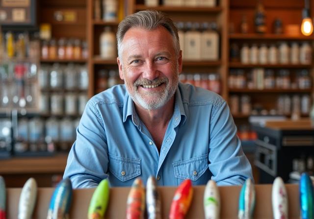 The friendly owner of Marina Cast smiling behind the store counter, which is filled with fishing lures.